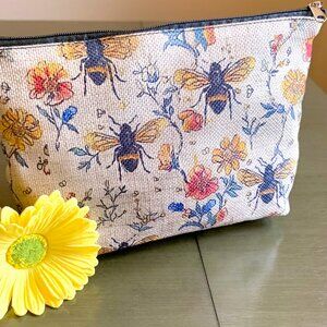 8.5"L x 6.5"W Vintage Bees & Wildflowers Zippered Pouch Cosmetic Travel Bag New